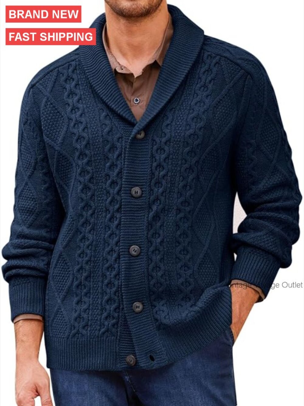 Men's Cable Knit Cardigan Sweater Shawl Collar Chunky Winter Button Down